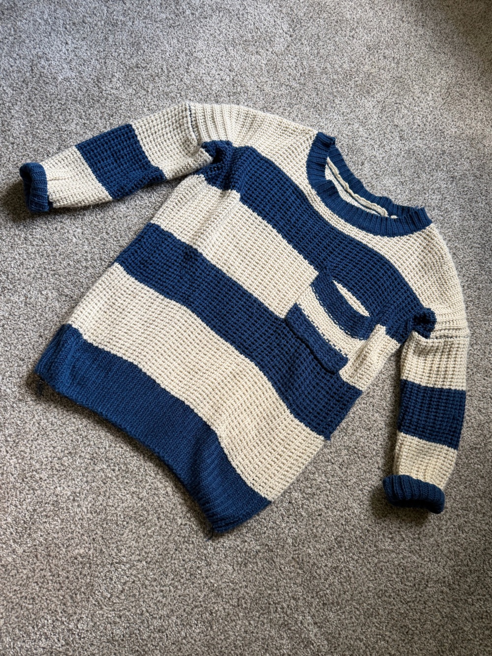Striped Knit Crewneck Sweater in Navy and Cream